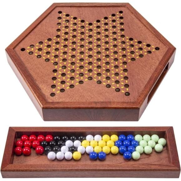 Wooden Chinese Checkers Set with Storage Drawer - 60 Acrylic Marbles in 6 Colors - Picture 4 of 7